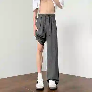 顶峰保罗 美式复古潮牌凉感舒适薄款直筒长裤竖条纹理感宽松小众百搭显瘦拖地阔腿休闲裤 男女同款