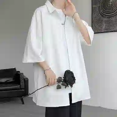 顶峰保罗 无性别主义痞帅潮牌薄款凉感亲肤透气宽松半袖休闲衬衣时尚百搭外套高级感短袖衬衫 男女同款