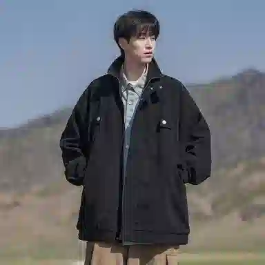 顶峰保罗 美式复古直筒工装无性别主义潮牌痞帅翻领上衣外套休闲百搭简约时尚纯色宽松长袖夹克 男女同款