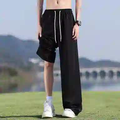 顶峰保罗 冰丝网眼透气纯色薄款无性别主义垂感阔腿长裤弹力户外健身运动百搭抽绳显高直筒宽松休闲裤 男女同款