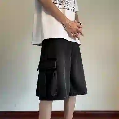 顶峰保罗 水洗做旧大口袋工装直筒五分裤美式潮牌高街宽松小众百搭设计感休闲阔腿牛仔短裤 男女同款