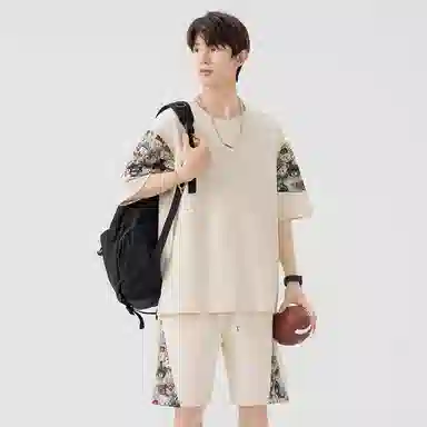 顶峰保罗 冰丝薄款圆领刺绣拼接短袖舒适潮流短裤一整套搭配无性别主义松紧腰弹力凉感透气百搭宽松时尚健身跑步速干休闲运动套装 男女同款