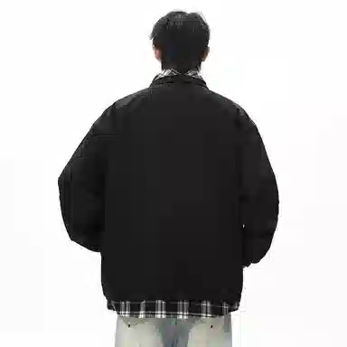 顶峰保罗 美式假两件格纹拼接翻领长袖外套无性别主义休闲复古潮牌宽松大码上衣简约百搭显高显瘦夹克 男女同款