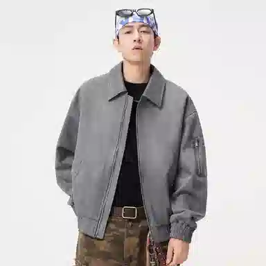 顶峰保罗 美式潮牌翻领麂皮绒工装上衣无性别主义直筒纯色高街宽松大码休闲高级感百搭长袖飞行夹克 男女同款