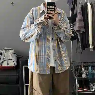 顶峰保罗 美式复古撞色格子宽松休闲衬衣外套春秋穿搭情侣款通勤潮流百搭高级感翻领衬衫 男女同款