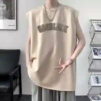 顶峰保罗 美式高街字母薄款透气无袖上衣冰丝凉感舒适宽松小众休闲百搭潮牌运动坎肩背心 男女同款