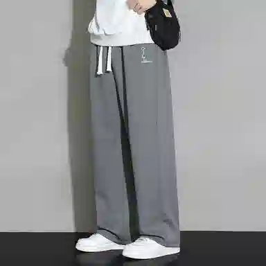 顶峰保罗 直筒百搭阔腿长裤宽松垂感舒适运动冰丝潮牌小熊刺绣侧边条纹高街无性别主义休闲裤 男女同款