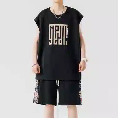 顶峰保罗 新中式印花背心短裤搭配一套宽松潮流时尚休闲运动套装 男女同款