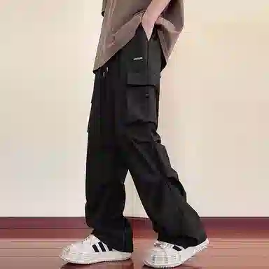 顶峰保罗 冰丝速干褶皱工装无性别主义长裤松紧腰弹力显高显瘦宽松大码透气百搭简约大口袋休闲裤 男女同款