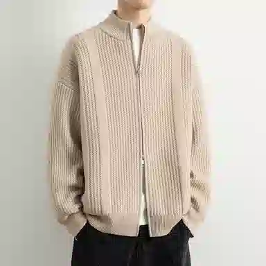 顶峰保罗 日系慵懒风潮牌立领双拉链开衫外套高街百搭无性别主义宽松大码休闲运动纯色上衣显高显瘦轻熟风毛衣 男女同款