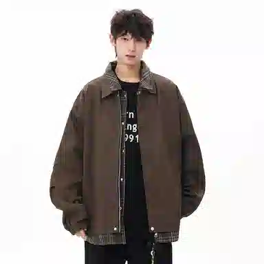 顶峰保罗 美式假两件格纹拼接翻领长袖外套无性别主义休闲复古潮牌宽松大码上衣简约百搭显高显瘦夹克 男女同款