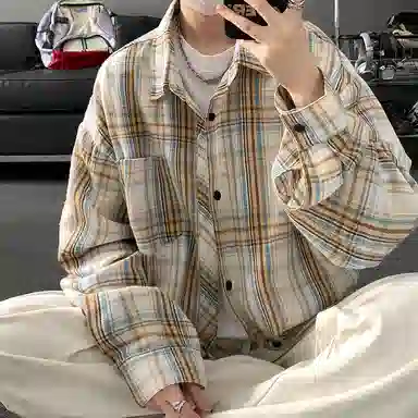 顶峰保罗 美式复古撞色格子宽松休闲衬衣外套春秋穿搭情侣款通勤潮流百搭高级感翻领衬衫 男女同款