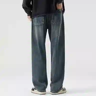 顶峰保罗 美式潮牌阔腿无性别主义直筒休闲复古高街水洗做旧运动长裤弹力显高显瘦宽松大码简约百搭加绒加厚垂感牛仔裤 男女同款