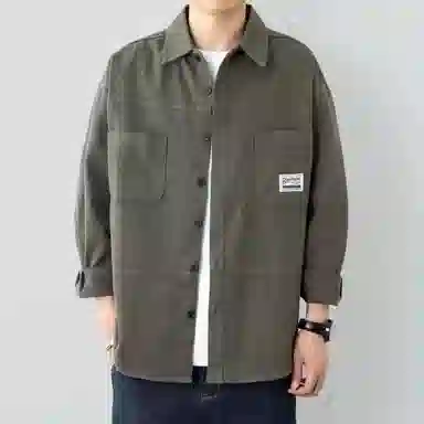 顶峰保罗 美式复古工装长袖衬衫无性别主义宽松百搭翻领开衫单排扣纯棉上衣休闲时尚潮牌夹克 男女同款