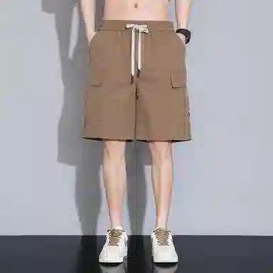 顶峰保罗 美式冰丝休闲百搭五分裤轻薄中裤潮牌痞帅松紧腰速干纯色宽松简约无性别主义直筒透气运动工装短裤 男女同款