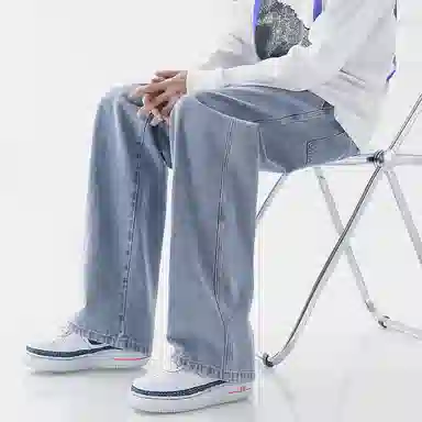 顶峰保罗 美式宽松百搭透气无性别主义弹力透气垂感休闲潮流阔腿拖地牛仔裤 男女同款