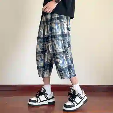 顶峰保罗 扎染格子迷彩七分裤子冰丝薄款运动时尚百搭设计感无性别主义直筒过膝加肥加大码休闲短裤 男女同款