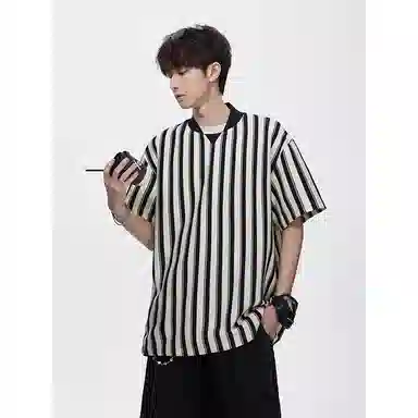 顶峰保罗 竖条纹拼接撞色复古打底衫上衣日系潮牌宽松小众百搭凉感薄款舒适翻领短袖衬衫 男女同款