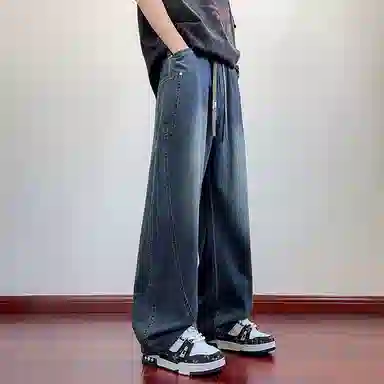 顶峰保罗 撞色抽绳凉感透气美式弯刀直筒长裤复古潮流情侣薄款宽松休闲小众百搭大码阔腿牛仔裤 男女同款