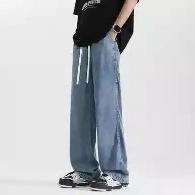 顶峰保罗 天丝莱赛尔纯色水洗直筒阔腿长裤美式潮牌高街凉感透气宽松休闲小众百搭牛仔裤 男女同款