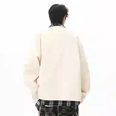 顶峰保罗 美式假两件格纹拼接翻领长袖外套无性别主义休闲复古潮牌宽松大码上衣简约百搭显高显瘦夹克 男女同款