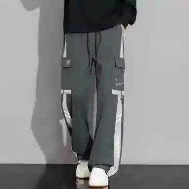 顶峰保罗 美式潮牌条纹拼接工装大口袋伞兵裤无性别主义宽松加肥加大直筒运动长裤简约百搭弹力抽绳显高显瘦高街阔腿垂感休闲裤 男女同款