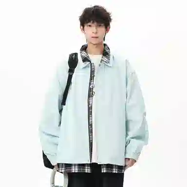 顶峰保罗 美式假两件格纹拼接翻领长袖外套无性别主义休闲复古潮牌宽松大码上衣简约百搭显高显瘦夹克 男女同款