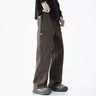 顶峰保罗 美式冰丝潮牌工装裤系带纯色无性别主义宽松中腰直筒百搭弹力显高阔腿垂感长裤休闲裤 男女同款