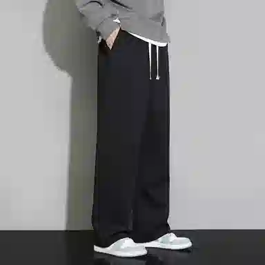 顶峰保罗 直筒百搭阔腿长裤宽松垂感舒适运动冰丝潮牌小熊刺绣侧边条纹高街无性别主义休闲裤 男女同款