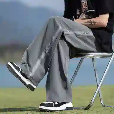 顶峰保罗 美式冰丝侧边条纹薄款潮牌垂感宽松阔腿无性别主义直筒运动长裤百搭弹力抽绳显高垂顺休闲裤 男女同款