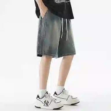 顶峰保罗 无性别主义潮牌宽松水洗做旧中裤美式高街直筒五分裤潮流时尚百搭运动系带高级感牛仔短裤 男女同款