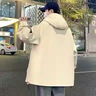 顶峰保罗 美式条纹拼接撞色拉链休闲工装长袖连帽上衣无性别主义直筒宽松加肥加大简约百搭潮牌高街夹克外套 男女同款