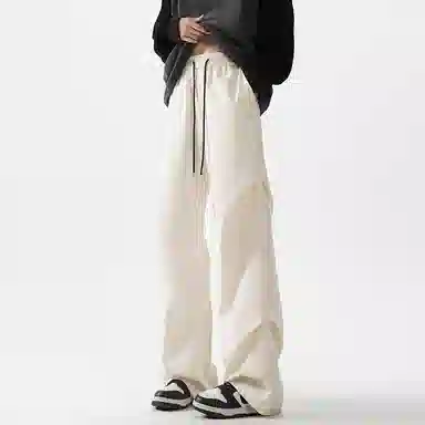 顶峰保罗 美式冰丝褶皱工装直筒无性别主义户外登山骑行运动健身阔腿伞兵解构设计长裤弹力抽绳显高百搭宽松大码高街潮牌休闲裤 男女同款