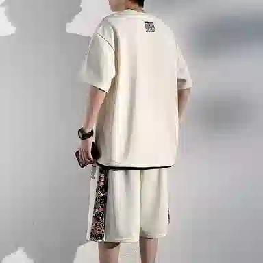 顶峰保罗 新中式国潮冰丝健身篮球圆领短袖短裤一整套无性别主义弹力松紧腰显高宽松加肥加大舒适百搭休闲运动套装 男女同款