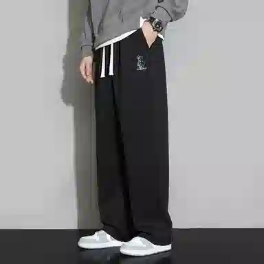 顶峰保罗 直筒百搭阔腿长裤宽松垂感舒适运动冰丝潮牌小熊刺绣侧边条纹高街无性别主义休闲裤 男女同款