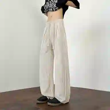 顶峰保罗 美式复古潮牌凉感舒适薄款直筒长裤竖条纹理感宽松小众百搭显瘦拖地阔腿休闲裤 男女同款