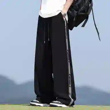 顶峰保罗 美式冰丝侧边条纹薄款潮牌垂感宽松阔腿无性别主义直筒运动长裤百搭弹力抽绳显高垂顺休闲裤 男女同款