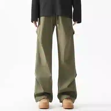 顶峰保罗 美式冰丝褶皱工装直筒无性别主义户外登山骑行运动健身阔腿伞兵解构设计长裤弹力抽绳显高百搭宽松大码高街潮牌休闲裤 男女同款