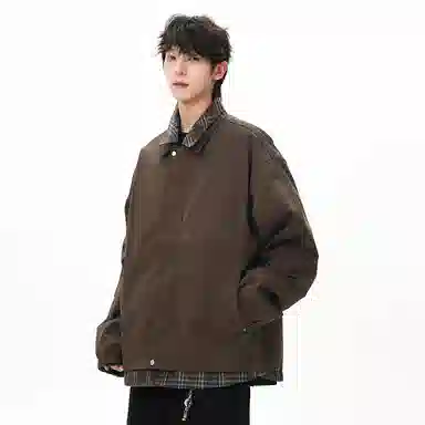 顶峰保罗 美式假两件格纹拼接翻领长袖外套无性别主义休闲复古潮牌宽松大码上衣简约百搭显高显瘦夹克 男女同款