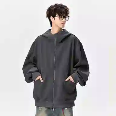 顶峰保罗 美式重磅连帽开衫双头拉链外套无性别主义休闲潮牌高街百搭上衣简约时尚纯色痞帅慵懒风长袖卫衣 男女同款