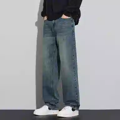 顶峰保罗 美式潮牌直筒阔腿无性别主义休闲复古高街水洗做旧运动长裤弹力显高显瘦宽松大码简约百搭加绒加厚垂感牛仔裤 男女同款