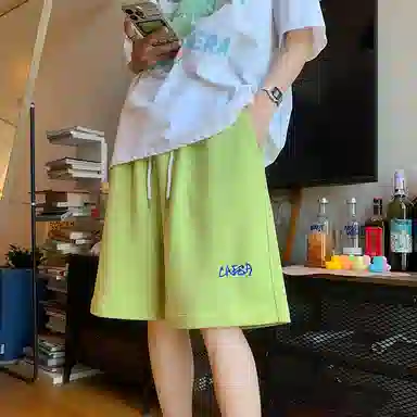 顶峰保罗 纯色简约百搭字母印花直筒五分裤美式复古潮牌宽松小众高街痞帅舒适休闲短裤 男女同款