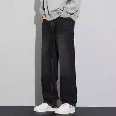 顶峰保罗 美式潮牌直筒阔腿无性别主义休闲复古高街水洗做旧运动长裤弹力显高显瘦宽松大码简约百搭加绒加厚垂感牛仔裤 男女同款