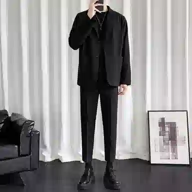 顶峰保罗 冰丝纯色通勤极简风西服外套内搭九分裤一整套宽松大码百搭简约时尚垂感英伦休闲西装套装 男女同款