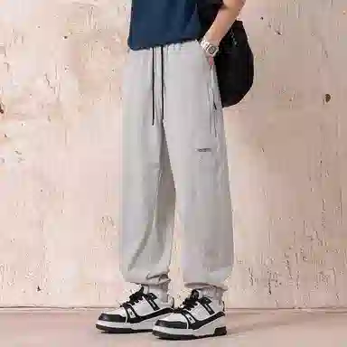 顶峰保罗 冰丝网孔潮牌薄款垂感无性别主义束脚长裤时尚百搭设计感直筒宽松运动抽绳大码休闲裤 男女同款