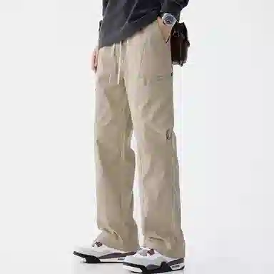 顶峰保罗 美式冰丝潮牌工装裤系带纯色无性别主义宽松中腰直筒百搭弹力显高阔腿垂感长裤休闲裤 男女同款