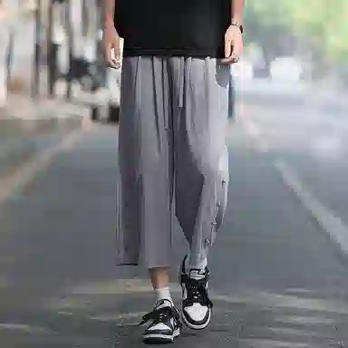 顶峰保罗 新中式纯棉薄款宽松阔腿国潮无性别主义纯色潮牌盘扣七分裤弹力抽绳显高直筒大码休闲短裤 男女同款