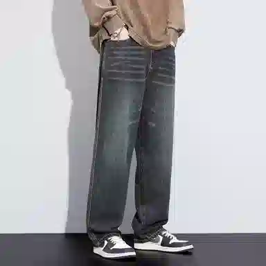 顶峰保罗 美式复古高街水洗做旧星空纹阔腿无性别主义直筒休闲运动潮牌长裤弹力显高显瘦宽松大码简约百搭加绒加厚垂感牛仔裤 男女同款