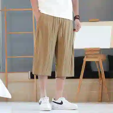 顶峰保罗 新中式莱赛尔潮流痞帅纯色无性别主义宽松大码百搭七分运动健身裤弹力抽绳显高薄款直筒休闲短裤 男女同款