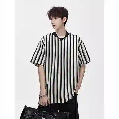 顶峰保罗 竖条纹拼接撞色复古打底衫上衣日系潮牌宽松小众百搭凉感薄款舒适翻领短袖衬衫 男女同款